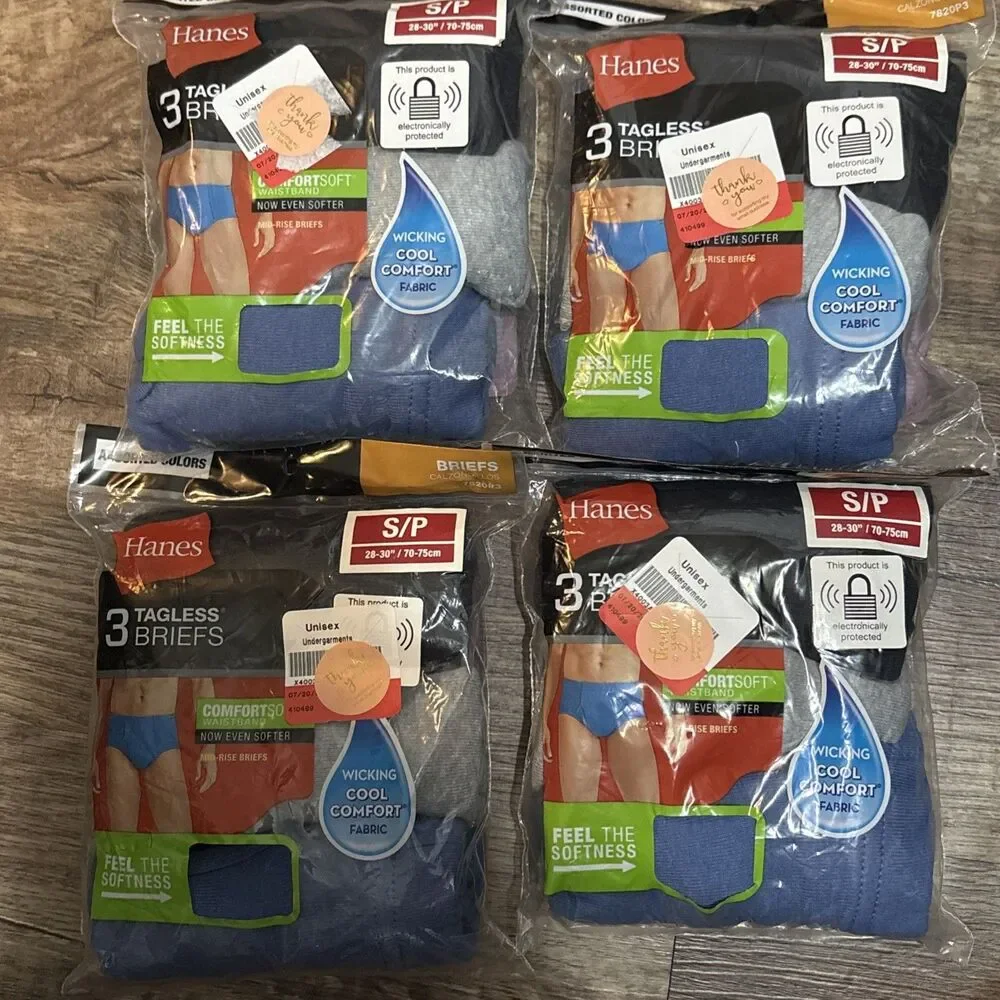New Old Stock 2019 Hanes Mens Tagless 12 Briefs Size S Blue Black Gray Mixed
